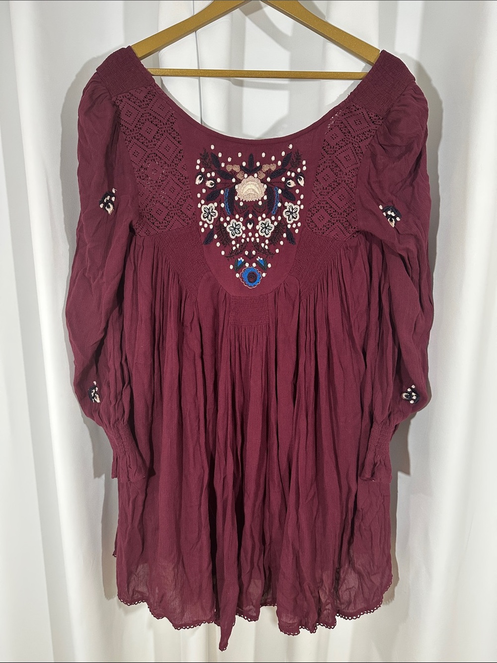 Free People Embroidered Boho Tunic Mini Dress Small Purple Long Sleeve Peasant